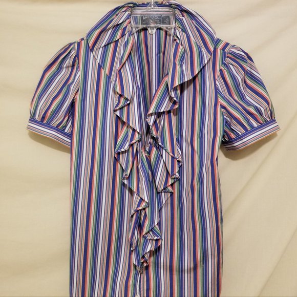 American Living Bright Striped Ruffle Front Button up Blouse 100% Cotton Size S - Picture 2 of 5